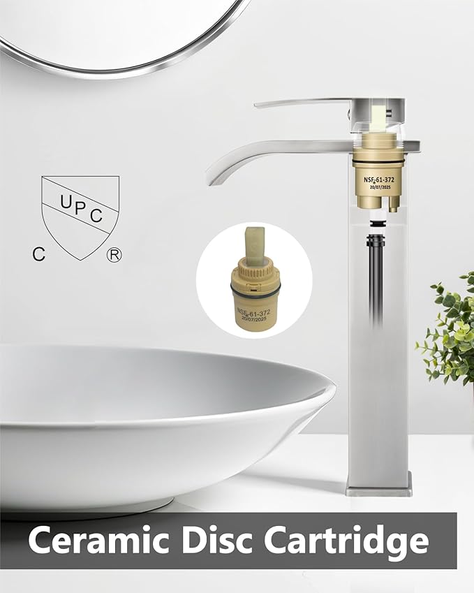 Vessel Sink Faucet Waterfall Tall Bathroom Faucet Single Handle,Single Hole Lavatory Vanity Mixer Tap with Pop Up Drain and Supply Lines,Brushed Nickel