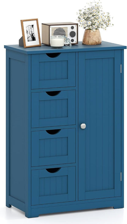 Giantex Bathroom Cabinet, Freestanding Storage Cabinet with 1 Door & 4 Drawers, 3-Level Adjustable Shelf, Anti-toppling System, Modern Storage Organizer for Bathroom, Living Room, Kitchen (Blue)
