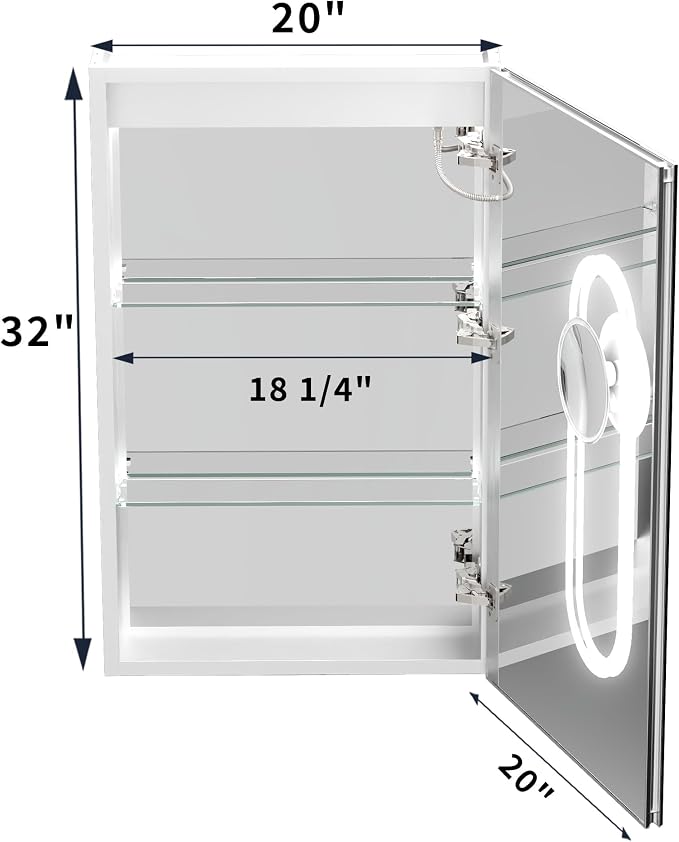 32x20 Lighted Medicine Cabinet with Mirror & Magnifier,LED Medicine Cabinet Mirror for Bathroom, Color Temp, Defogger, Front&Backlit, Built-in Outlets, Dimmable, Soft Close DTC Hinges, Right Opening