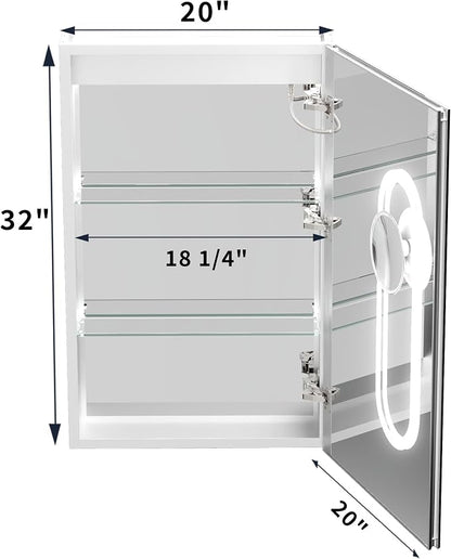32x20 Lighted Medicine Cabinet with Mirror & Magnifier,LED Medicine Cabinet Mirror for Bathroom, Color Temp, Defogger, Front&Backlit, Built-in Outlets, Dimmable, Soft Close DTC Hinges, Right Opening