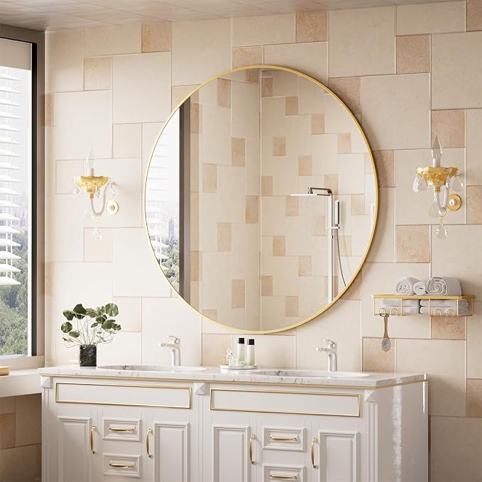 BEAUTYPEAK 42 Inch Round Mirror, Metal Frame Circle Mirror, Gold | Wall Mounted for Entryway, Bathroom, Vanity, Living Room