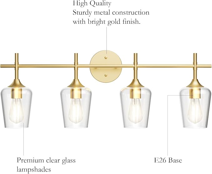 Ralbay 4-Lights Gold Vanity Light Fixture Vintage Gold Vanity Lights Wall Lighting Clear Glass Gold Bathroom Light Fixtures Over Mirror