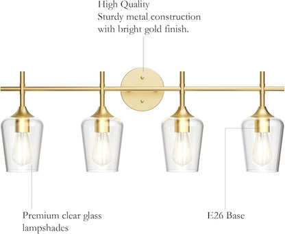 Ralbay 4-Lights Gold Vanity Light Fixture Vintage Gold Vanity Lights Wall Lighting Clear Glass Gold Bathroom Light Fixtures Over Mirror