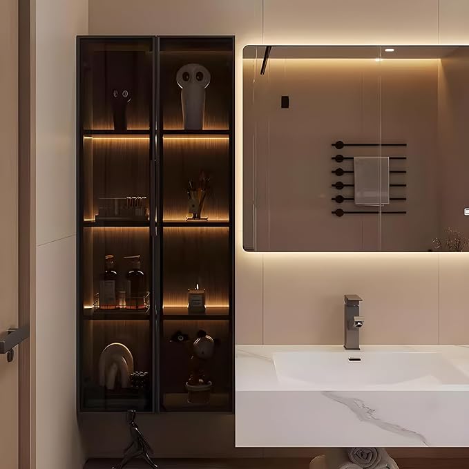 Bathroom Vanity, Floating Bathroom Sink Vanity, Modern Bathroom Vanities with Smart Defogging LED Mirror & Glass Side Cabinet, Wall Mounted Vanities for Restroom, Solid Wood (100in)