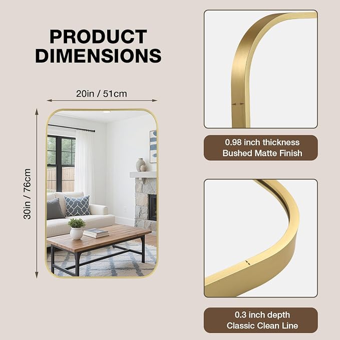 20"x30" Bathroom Mirror for Over Sink, Brushed Gold Rectangle Vanity Mirror | Aluminum Alloy Frame, Clear Reflection, Rust-Resistant, Vertical or Horizontal, Wall Mount, Bedroom and Entryway