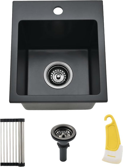 Black Drop In Bar Sink Quartz, 13x15 Inch | Granite Composite Quartz Small Kitchen Sink RV Wet Bar Topmount Single Bowl Kitchen Sink with Small Rubber Squeegee