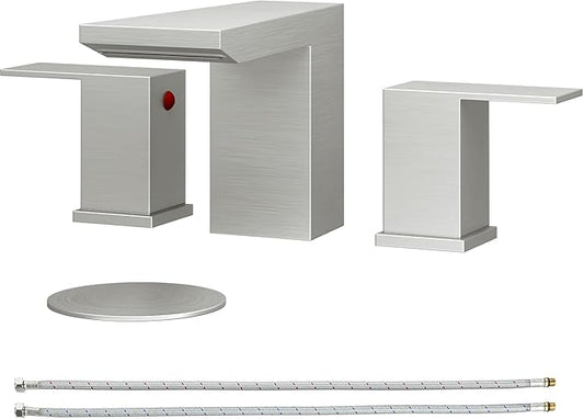 BESy Waterfall Bathroom Faucets 3 Hole Square 8 Inch Widespread Bathroom Sink Faucet Vanity 2 Handle Widespread for Restroom Sink with Pop Up Drain cUPC Supply Hose Brushed Nickel