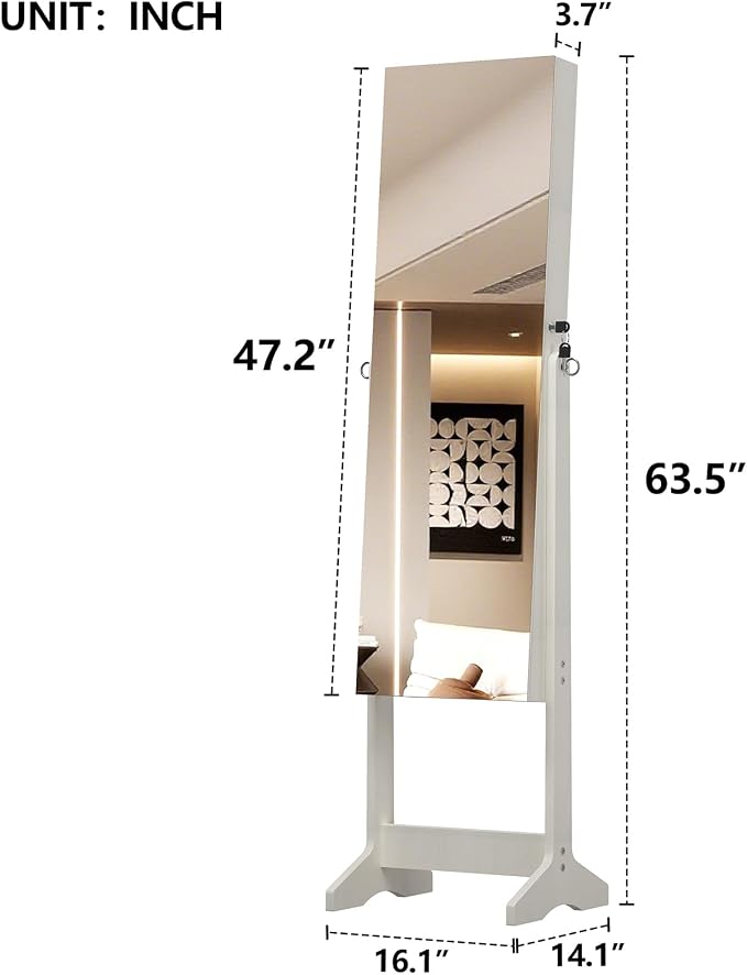 HRVEOCEI LED Mirror Jewelry Cabinet Standing, 63inch Lockable Jewelry Armoire Cabinet Standing with Storage Shelves, Full Length Mirror with Storage for Woman Girl Gift (63Inch White)