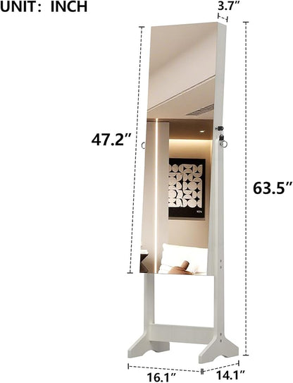 HRVEOCEI LED Mirror Jewelry Cabinet Standing, 63inch Lockable Jewelry Armoire Cabinet Standing with Storage Shelves, Full Length Mirror with Storage for Woman Girl Gift (63Inch White)