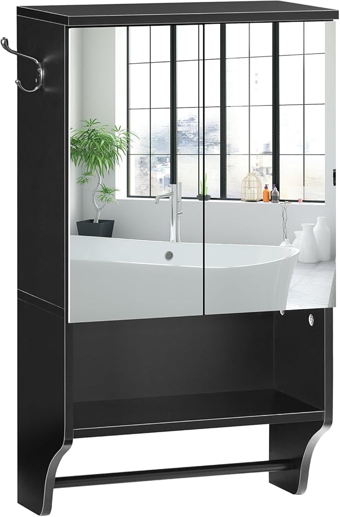 Bathroom Wall Cabinet with Mirror, Medicine Cabinet with 2 Door and Adjustable Shelf, Wall Mounted Over The Toilet Storage Cabinet with Towel Bar for Bathroom Laundry Room Kitchen, Black