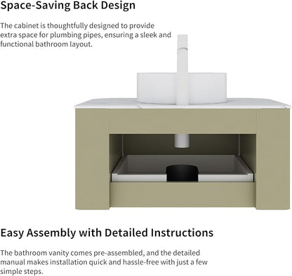 Yayzy 36" Floating Bathroom Vanity with Sink, Solid Wood Fluted Cabinet, White Marble-Patterned Ceramic Basin & Faux Marble Top, Soft-Close Drawer, Pre-Assembled, Light Green