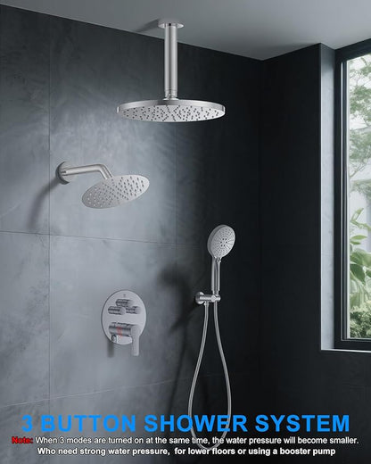 Shower System with Pressure Balance Valve, 10" Ceiling Mount Shower Faucet Set with 2 Rain Shower Head And Multi-function Handheld Head Push Button Diverter Pressure Balancing Valve Kit, Chrome