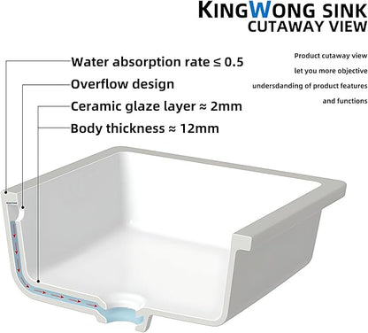14 Inch Small Square White Undermount Bathroom Sink 13.75" x 13.75" Vanity Under Counter Basin Rectangle Vessel Sink Opening Size 11.5" x 11.5" Lavamanos Para Baños KINGWONG