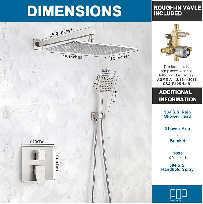 Shower Faucet Set Brushed Nickel Rainfall 15 Inch Thickened Shower Head and Handle Set Bathroom Shower System Wall Mounted Shower Fixture Include Shower Valve and Trim Kit