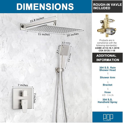 Shower Faucet Set Brushed Nickel Rainfall 15 Inch Thickened Shower Head and Handle Set Bathroom Shower System Wall Mounted Shower Fixture Include Shower Valve and Trim Kit