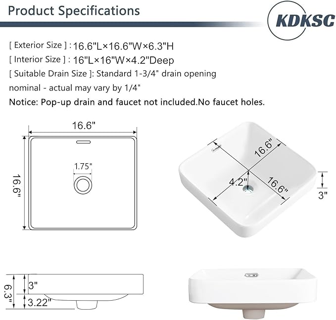 Bathroom Vessel Sink 16.6" X 16.6" Semi Recessed Bathroom Sink Square Drop In Bathroom Sinks with Overflow White Ceramic Vessel Sinks for Bathroom Modern Above Counter Basin Vanity Sink