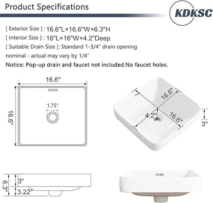 Bathroom Vessel Sink 16.6" X 16.6" Semi Recessed Bathroom Sink Square Drop In Bathroom Sinks with Overflow White Ceramic Vessel Sinks for Bathroom Modern Above Counter Basin Vanity Sink
