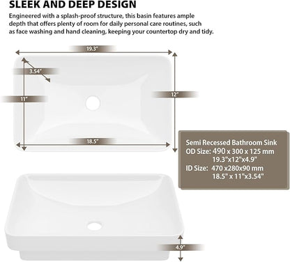 Vessel Bathroom Sink 19 x 12 Inch Semi Recessed Sink Rectangular White Ceramic Vessel Sink Modern Vanity Sink Bath Wash Hand Basin
