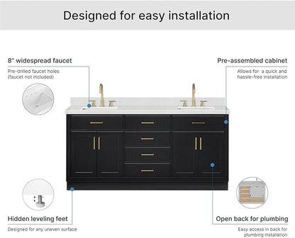 ARIEL Hepburn 72-inch Bathroom Vanity with Sink,Solid Wood, 1.5-inch Carrara White Quartz Countertop & Backsplash, Double Rectangular Porcelain Sink, 4 Soft Closing Doors, 6 Dovetail Drawers, Black