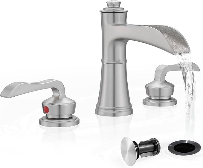 Widespread Bathroom Faucet, 4-16 Inch Brushed Nickel Waterfall Bathroom Faucets Solid Brass Sink Faucet Bathroom Vanity Faucets 3 Hole 2 Handle with Supply Water Hoses Pop-up Drain