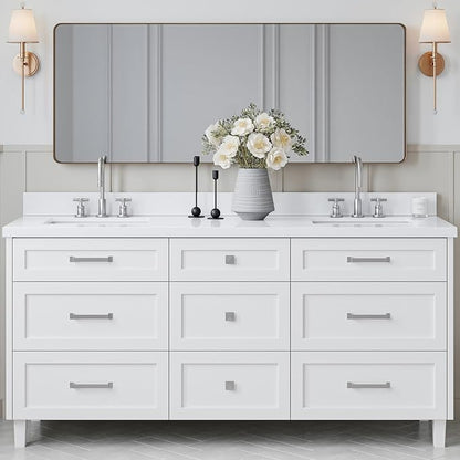 ARIEL Monroe 72-inch Bathroom Vanity with Sink,Solid Wood, 1.5-inch Pure White Quartz Countertop & Backsplash, Double Oval Porcelain Sink, 9 Dovetail Drawers, Brushed Nickel, White