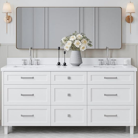 ARIEL Monroe 72-inch Bathroom Vanity with Sink,Solid Wood, 1.5-inch Pure White Quartz Countertop & Backsplash, Double Oval Porcelain Sink, 9 Dovetail Drawers, Brushed Nickel, White