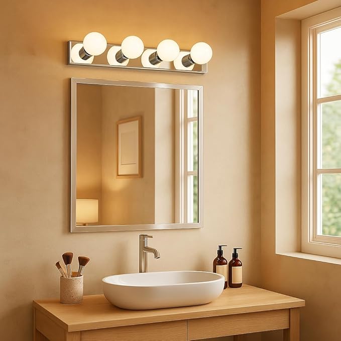 Design House Vanity Lighting, Steel Construction, 4 Vanity Lights, Dimmable, Uses four 60W Bulbs, Polished Chrome, 24.0 In. W x 4.3 In. H x 2.0 In. D, 500892