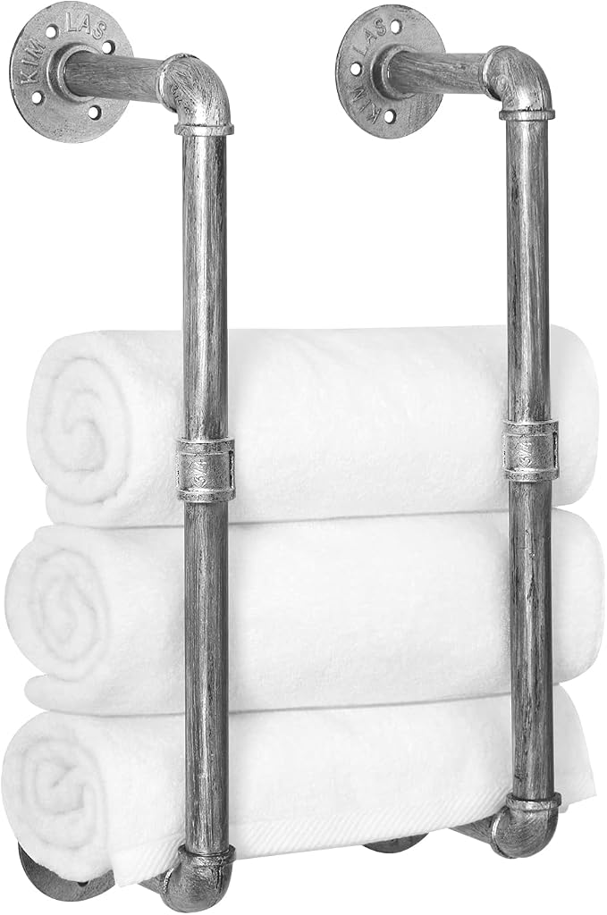 HouseAid Industrial Pipe Towel Rack, Farmhouse Bathroom Towel Storage Holder, Vintage Style Towel Organization, Wall Mounted, Antique Silver