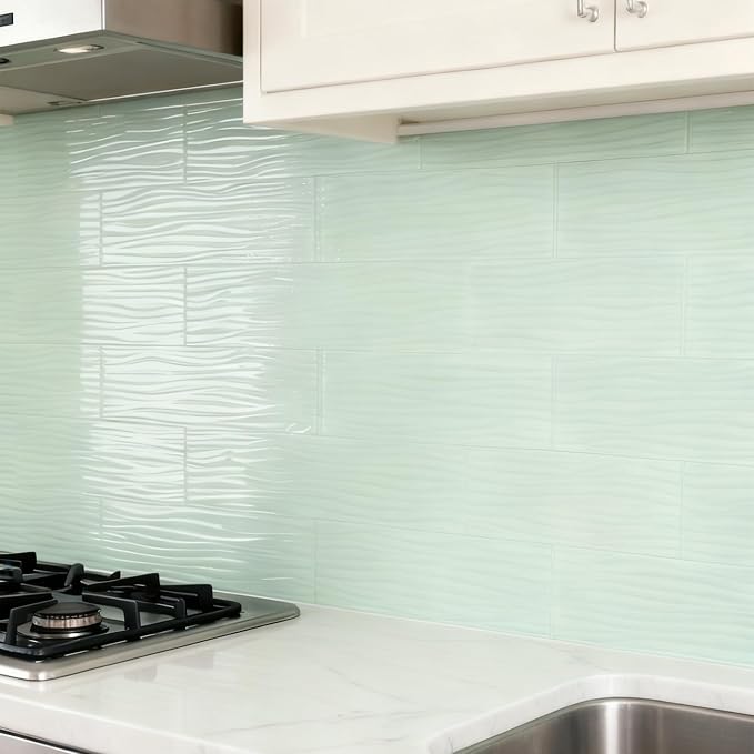 Peel and Stick Glass Subway Tile 3x12 Inch Light Green Glass Tiles for Kitchen Backsplash Shower Bathroom Wall(20 Pcs)