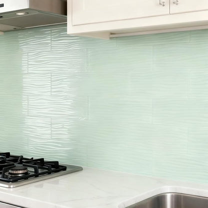 Peel and Stick Glass Subway Tile 3x12 Inch Light Green Glass Tiles for Kitchen Backsplash Shower Bathroom Wall(20 Pcs)