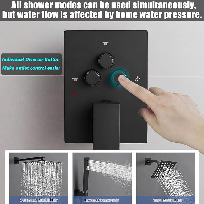 Shower Faucet Set Matte Black 10 Inch Wall Mount Rainfall Shower System with 2 Rain Shower Head and Handheld Head Push Button Diverter Shower Trim Kit and Rough-in Valve Body