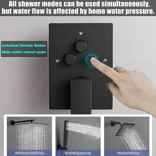 Shower Faucet Set Matte Black 10 Inch Wall Mount Rainfall Shower System with 2 Rain Shower Head and Handheld Head Push Button Diverter Shower Trim Kit and Rough-in Valve Body