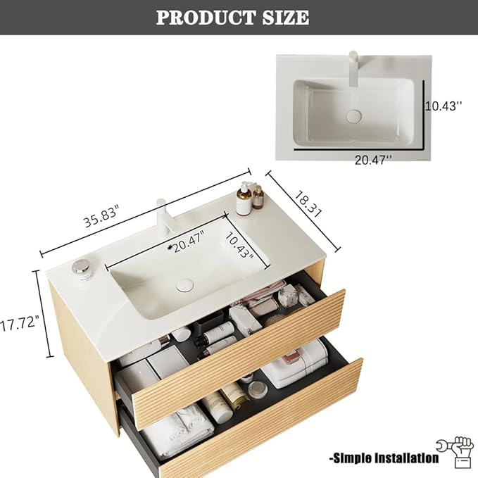 36" Floating Bathroom Vanity with Sink, Wall Mounted Modern Bathroom Cabinet with 2 Soft Close Drawers, Oak & Plywood, Pre-Assembled with Integrated Ceramic Basin – Sedona, Light Oak