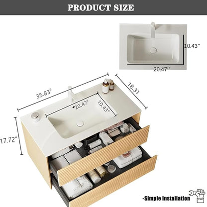 36" Floating Bathroom Vanity with Sink, Wall Mounted Modern Bathroom Cabinet with 2 Soft Close Drawers, Oak & Plywood, Pre-Assembled with Integrated Ceramic Basin – Sedona, Light Oak