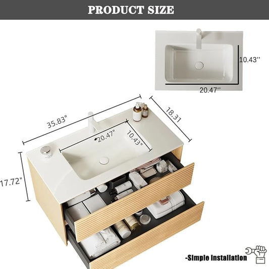36" Floating Bathroom Vanity with Sink, Wall Mounted Modern Bathroom Cabinet with 2 Soft Close Drawers, Oak & Plywood, Pre-Assembled with Integrated Ceramic Basin – Sedona, Light Oak