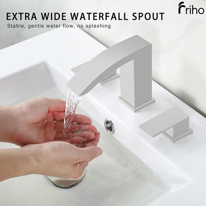 Friho Widespread Bathroom Sink Faucet 3 Hole Brushed Nickel, 2 Handles Waterfall Bathroom Faucet with Pop Up Drain and Supply Lines, FRDC17808L