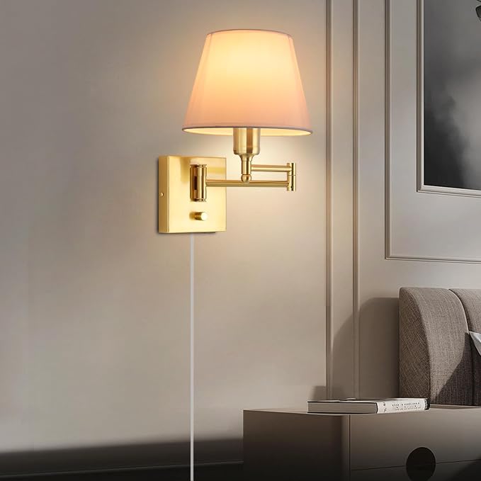 Bedside Wall Mount Light with Dimmable Switch, Swing Arm Fabric Shade Wall Sconce Light with USB Port and Plug in Cord, Gold Wall Lamp for Bedroom, Living Room and Hotel