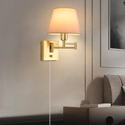 Bedside Wall Mount Light with Dimmable Switch, Swing Arm Fabric Shade Wall Sconce Light with USB Port and Plug in Cord, Gold Wall Lamp for Bedroom, Living Room and Hotel