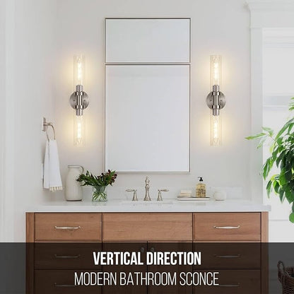 Brushed Nickel 2-Light Bathroom Vanity Light Fixture, Modern Bathroom Sconces Wall Lighting W/Clear Glass Shade, Horizontal and Vertical Wall Mount Lamp for Mirror Hallway Kitchen