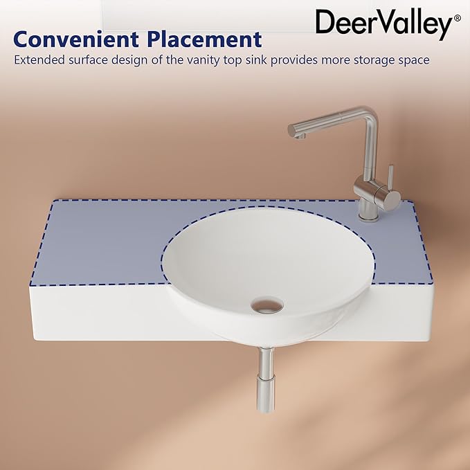 DeerValley 30"x18" Wall Mounted Bathroom Vessel Sink, White Modern Modern Floating or Countertop bathroom sink，Lavatory Vessel Sink，Porcelain Ceramic Right Side Wall Hung Sink