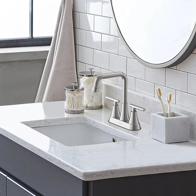 Bathroom Sink Faucet, Hurran 4 inch Brushed Nickel Bathroom Faucets for Sink 3 Hole with Pop-up Drain and Supply Hoses, 2-Handle Centerset Faucet for Vanity RV Farmhouse, 2 Pack