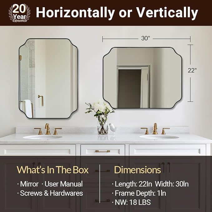 22X30 Inch Matte Black Scalloped Mirrors for Bathroom Sink | Rust-Proof Stainless Steel Frame, Aesthetic Notched Corner Design, Electronic Display Grade Glass, Ideal for Bathroom Remodel