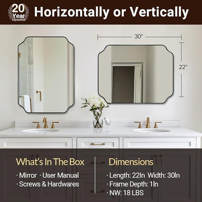 22X30 Inch Matte Black Scalloped Mirrors for Bathroom Sink | Rust-Proof Stainless Steel Frame, Aesthetic Notched Corner Design, Electronic Display Grade Glass, Ideal for Bathroom Remodel
