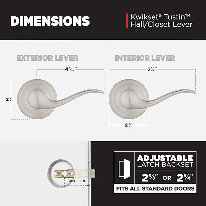 Kwikset Tustin Interior Passage Door Handle, Lever For Closet and Hallway Doors, Reversible Non-Locking Handle Lever, Satin Nickel, with Microban Protection