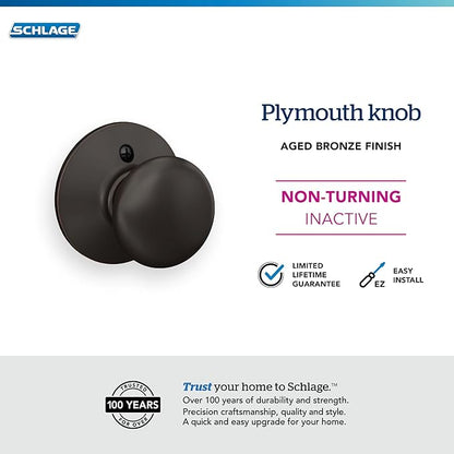 Schlage F170 PLY 716 Plymouth Door Knob, One Sided Non-Turning Dummy Door Handle, Aged Bronze