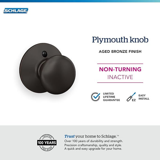 Schlage F170 PLY 716 Plymouth Door Knob, One Sided Non-Turning Dummy Door Handle, Aged Bronze
