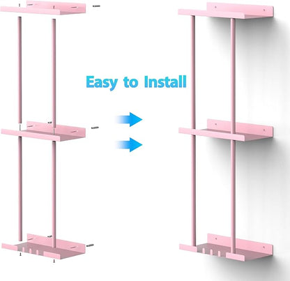 Towel Rack for Bathroom, Wall Mounted Vertical Rolled Towel Storage Organizer Holder with Shelf, Holds Up 6 Large Bath Sheets, Pink Large Size