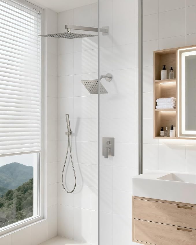 Rain Shower System 12" & 6" Dual Shower Heads, Wall Mount Shower Faucet Set | Ideal for bathroom remodels and upgrades with 12" rain shower, 6" angled shower, handheld spray and complete valve kit.