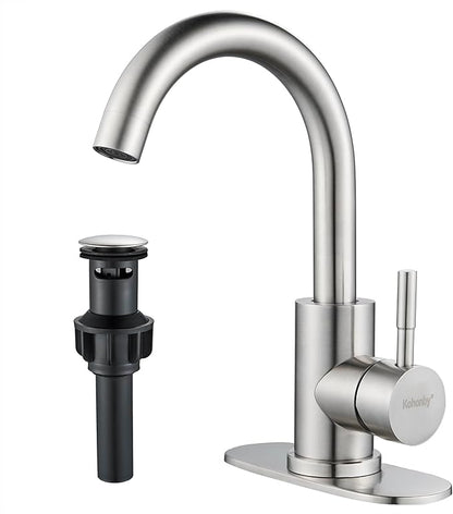 Brushed Nickel Bathroom Sink Faucet - Single Hole, Modern Single Handle Commercial Stainless Steel Bar Faucet with Drain