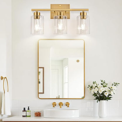 3-Light Brushed Gold Bathroom Vanity Light, Modern Bathroom Light Fixture with Clear Glass Shades, Wall Sconce for Mirror, Kitchen, Bedroom, Living Room, Hallway
